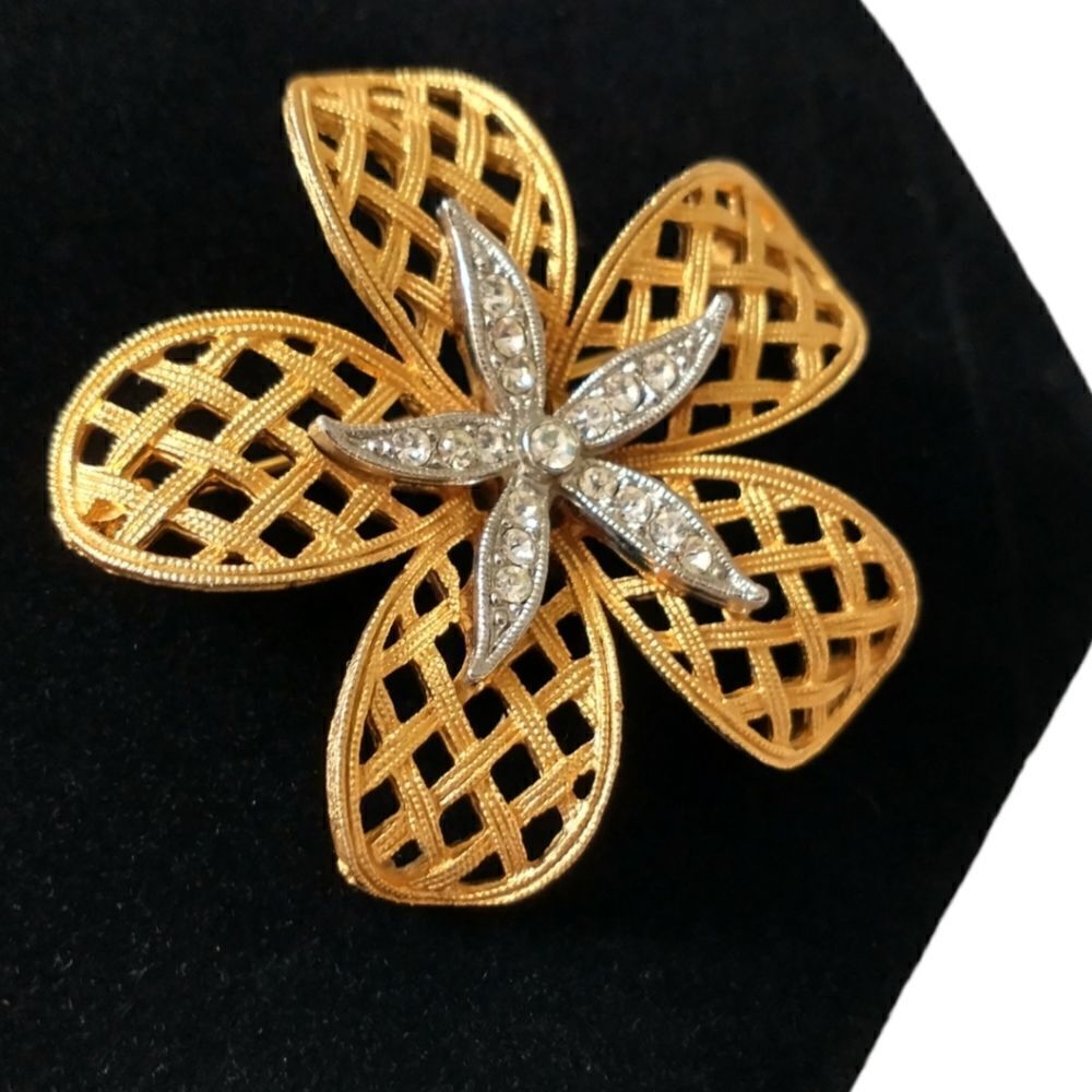 JJ Jonette Filigree Flower Brooch Pin Rhinestone Vintage Gold Silver Tone Autumn